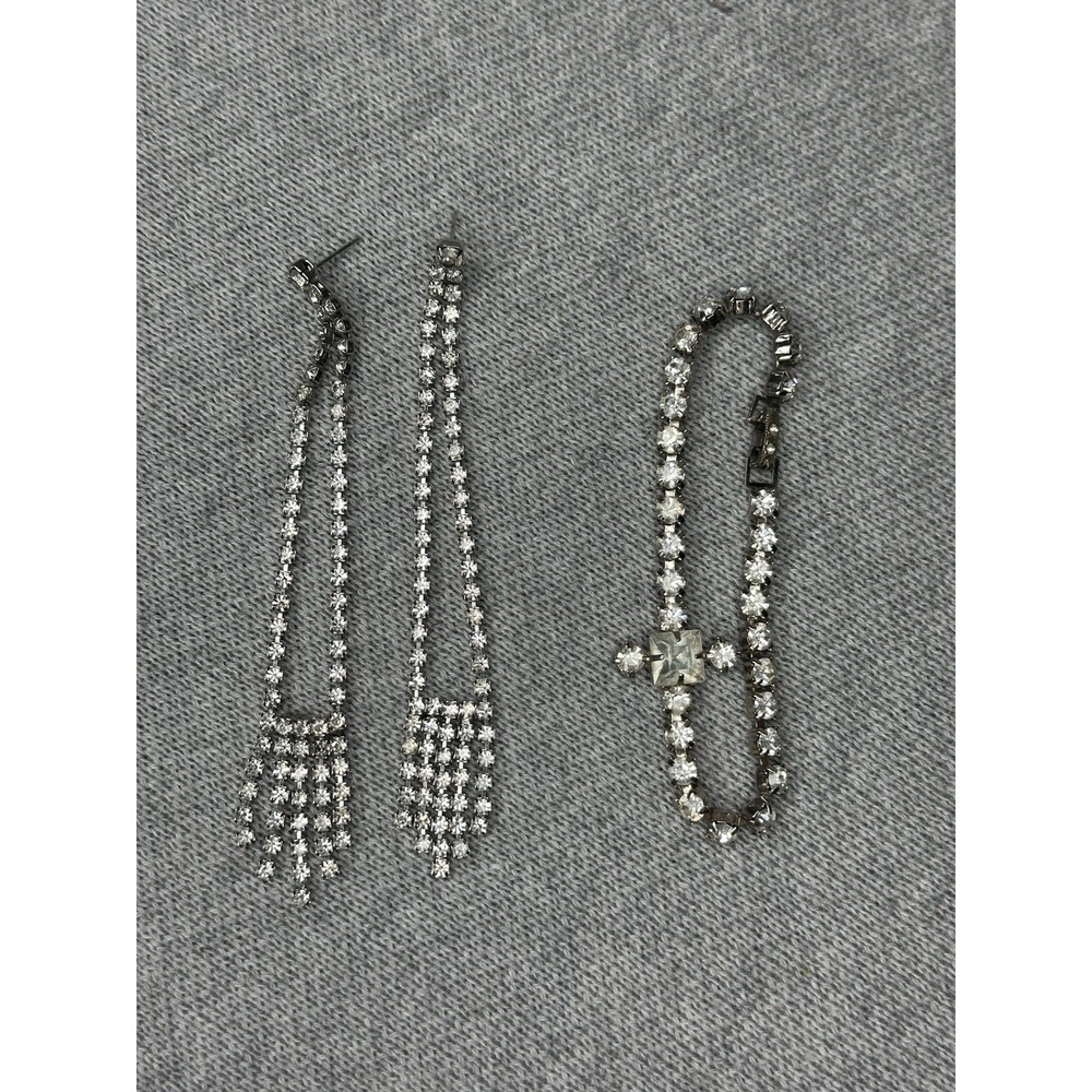 VTG Rhinestone Earrings Long Chandelier Drop Dangle Art Deco Wedding 50s
